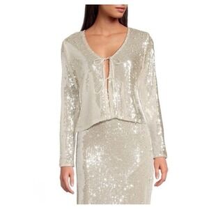 Gianni Bini Kate Sequin Cardigan Sz M Dove Cream color Ties